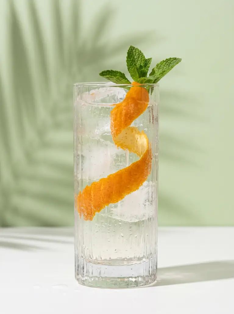 Cocktail gin tonic zeste orange menthe glace fond vert, photographe culinaire Caen